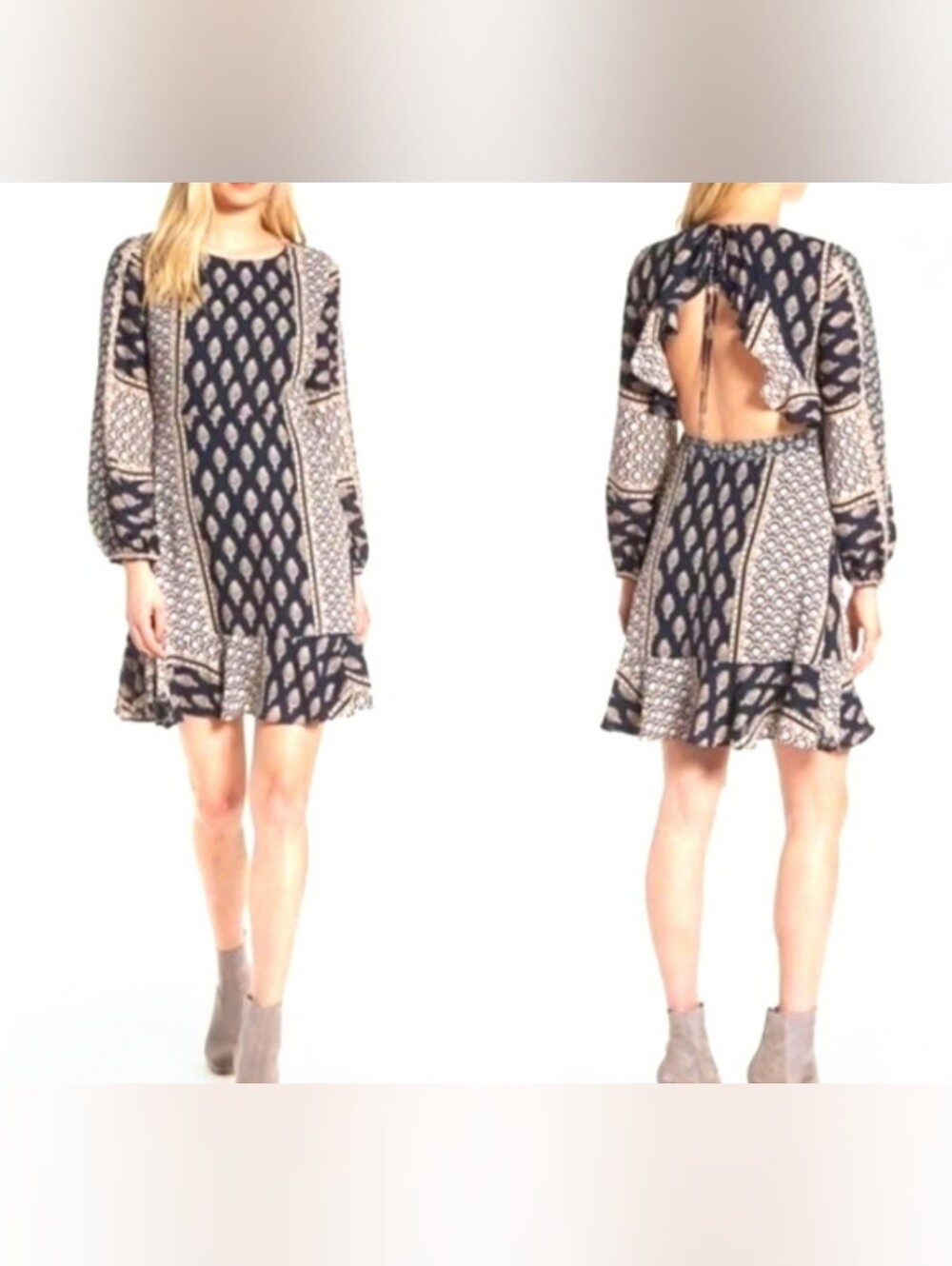 Chelsea 28 Paisley Patchwork Cutout Back Mini Dress Black Tan Sz S